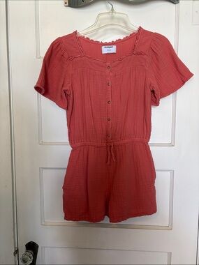 Old Navy Coral Pink Button-Front Short Sleeve Romper Girls Size XL (14-16)